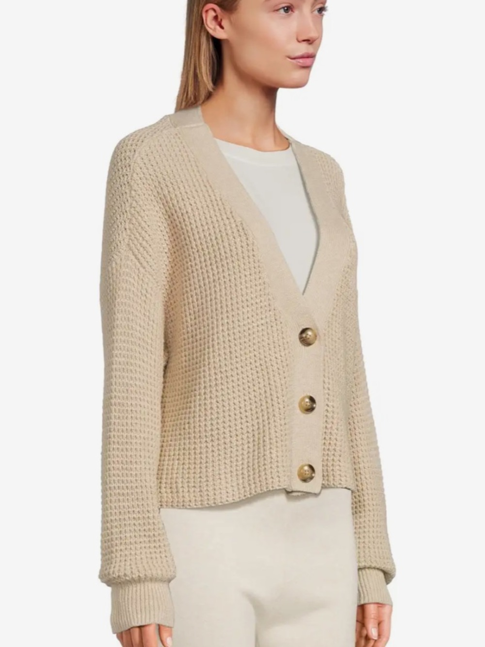 Eberjey Cream Textured V-Neck Button Cardigan Small